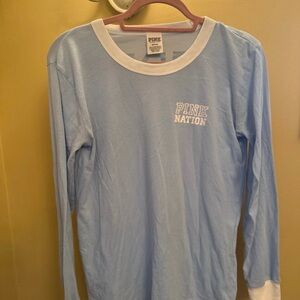 PINK Victoria's Secret Light Blue & White 'PINK NATION' Long Sleeve Tee